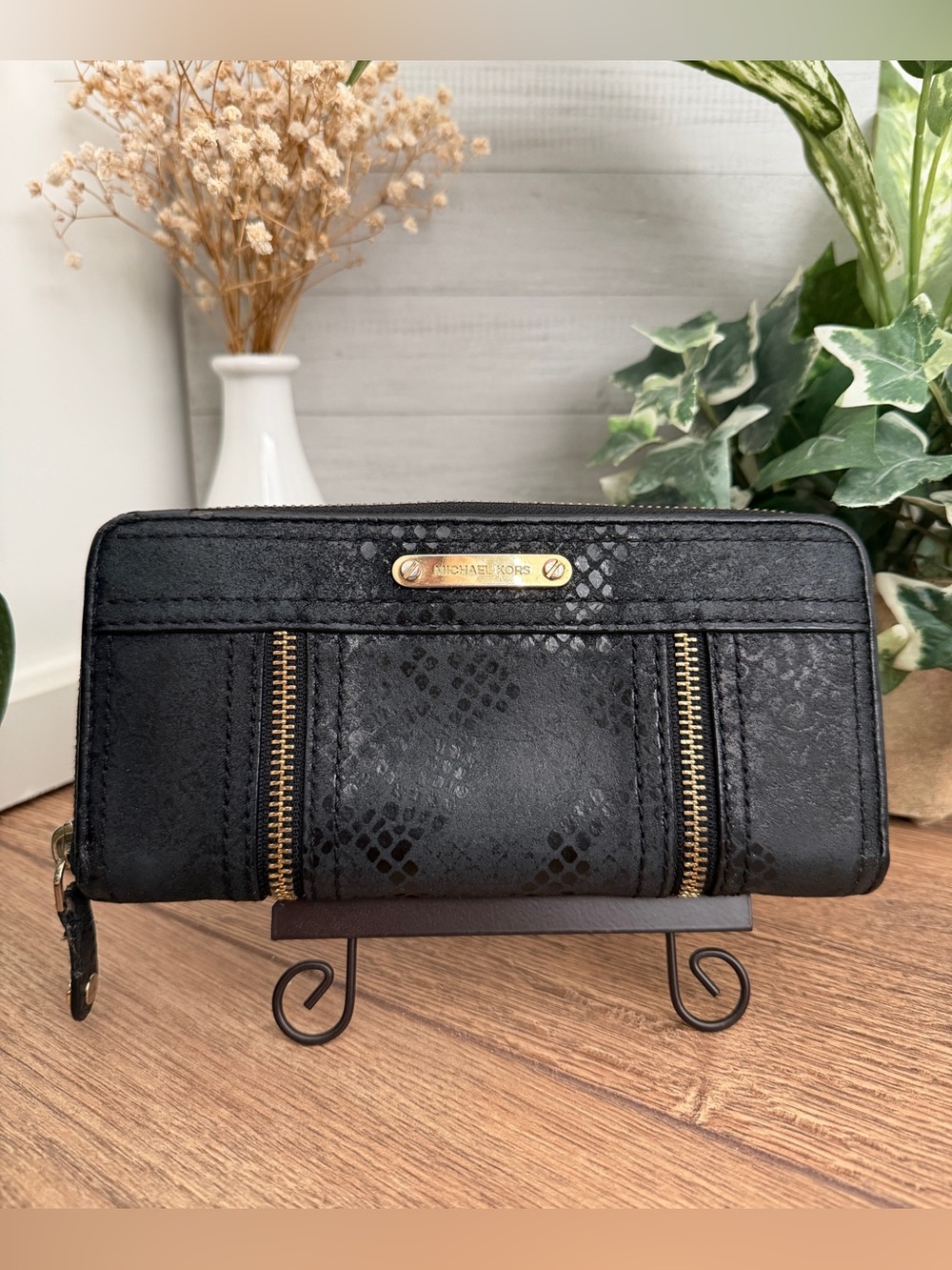 Michael Kors Black Moxley Python Leather Continental Zip Wallet